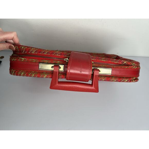 Vintage Suitcase Plaid Made in Japan Red Vinyl Pockets Zipper Retro Travel - Picture 5 of 16